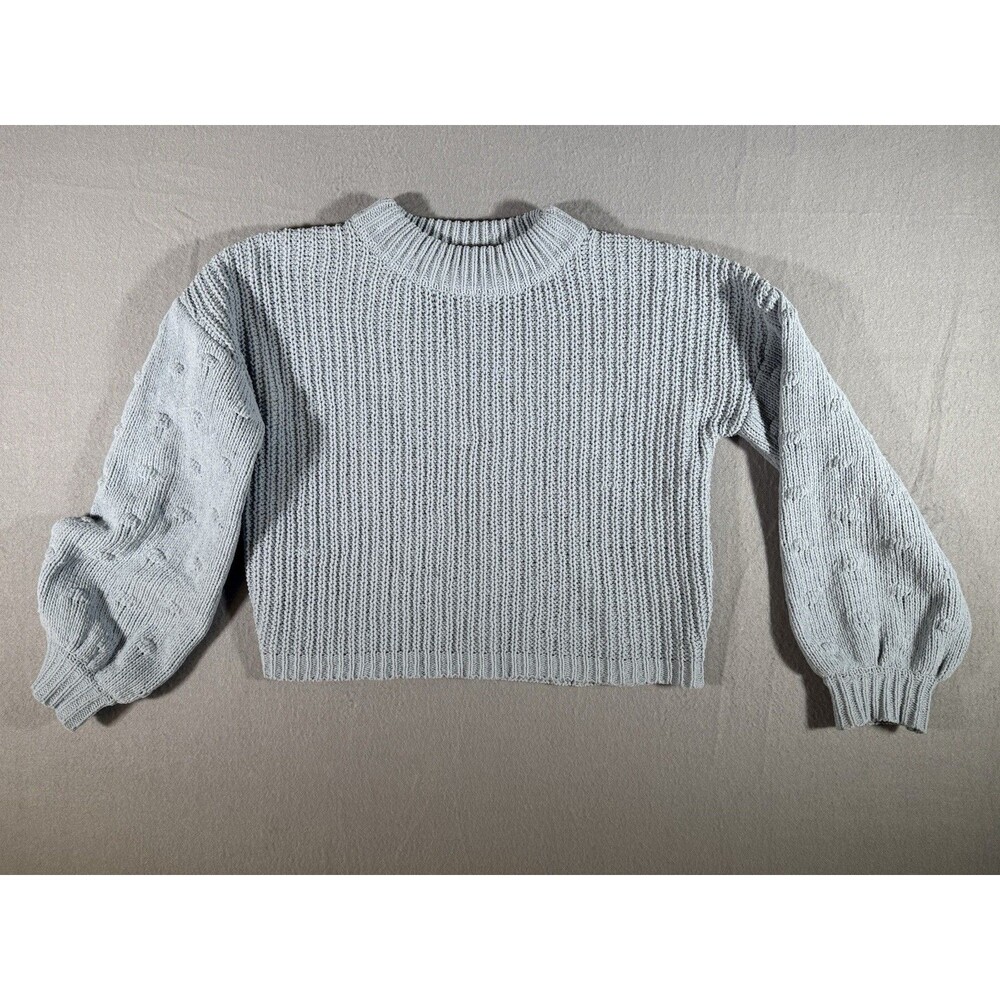 SAY WHAT? Girls Blue Chenille Pom Pom Sleeve Sweater Size M 10/12 Pullover Soft